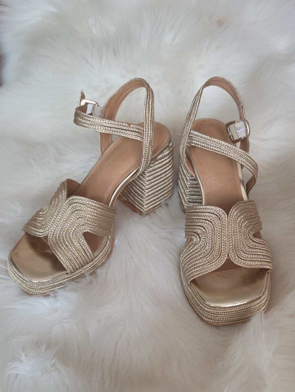 Crown Vintage Gold Braided Platform Block Heel Sandals